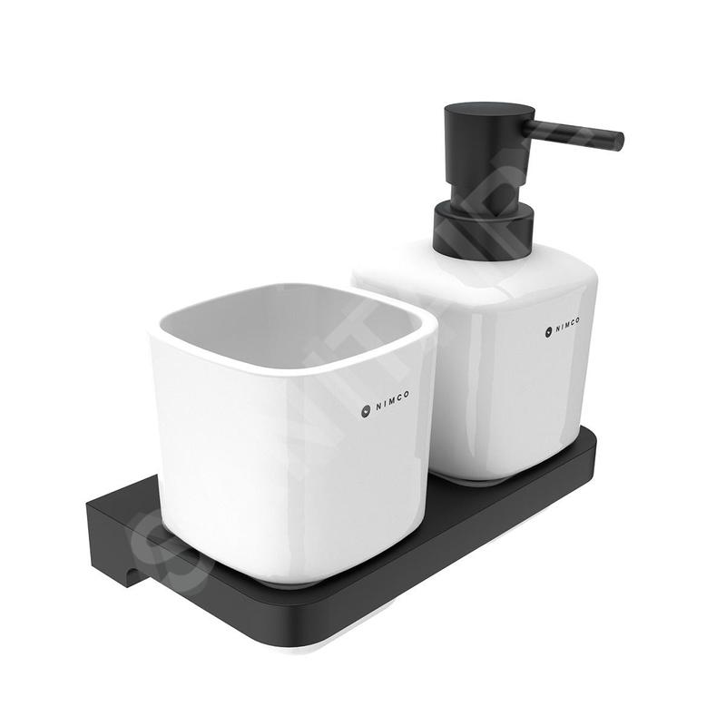 Nimco Maya - Distributeur de savon et gobelet avec support, blanc/noir MAC 2905831K-T-90