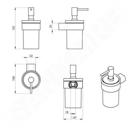Sapho Gedy Pirenei - Distributeur de savon avec support, or/verre satiné PI8187