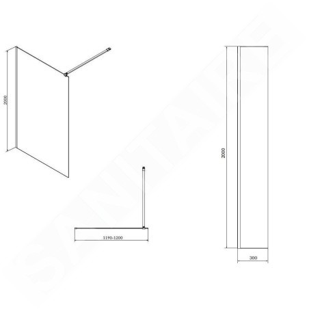 Cersanit Mille - Paroi de douche Walk-In, 120x200 cm, noir/verre clair S601-176