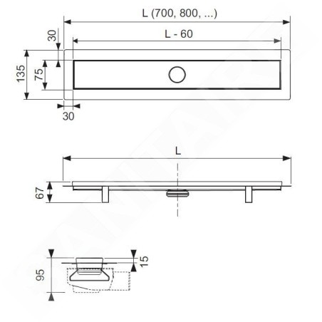 Tece Linus - Caniveau de douche droit RG WG 30.0645.0010, avec grille en acier inoxydable, longueur 800 mm 15100080