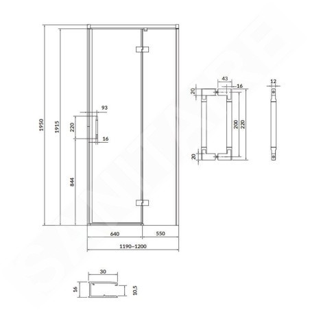 Cersanit Larga - Porte de douche 120x195 cm, droite, noir/verre clair S932-126