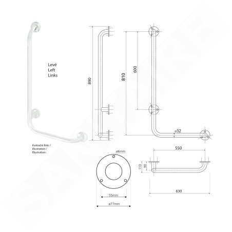 Sapho Équipement de salle de bain - Barre d’appui 810x550 mm, gauche, inox XH522
