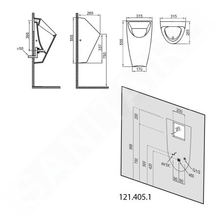 Bruckner Schwarn - Urinoir électronique, entrée d'eau arrière, 6V, blanc 201.722.4