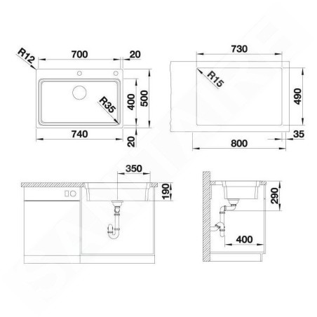 Blanco Etagon 700 - Évier 740x500 mm avec commande excentrique et rails, inox 524274