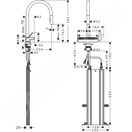 Hansgrohe M81 - Mitigeur d'évier Aquno Select 170 avec douchette extractible et jet plat, sBox, noir mat 73831670