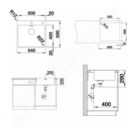 Blanco Andano 500 - Évier 540x500 mm avec commande excentrique PushControl, inox 525245
