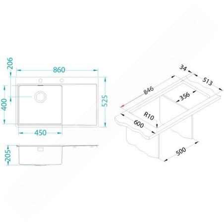 Alveus Pure - Évier 860x525 mm, avec commande du vidage, bac à droite, inox 1103653