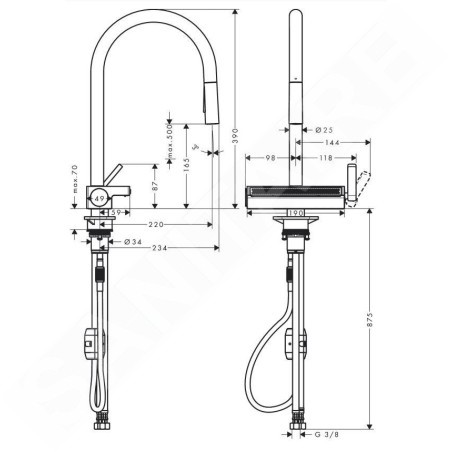 Hansgrohe M81 - Mitigeur d'évier Aquno Select 170 avec douchette extractible et jet plat, noir mat 73837670