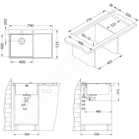 Alveus Pure - Évier 790x525 mm, avec commande de vidage, droite, inox 1103651
