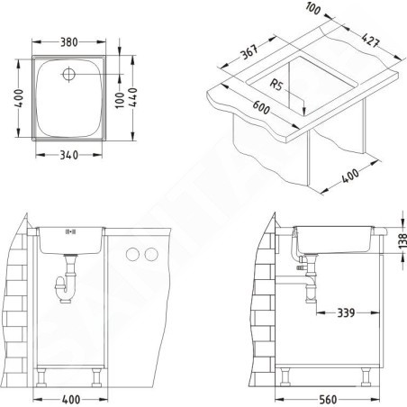Alveus Basic - Évier 380x440 mm, vidage 60 mm, inox 1008694