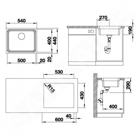 Blanco Etagon 500 - Évier, 540x440 mm, avec rails, inox 521840