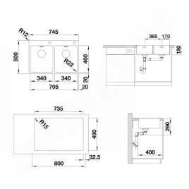 Blanco Andano 340/340 - Évier 745x500 mm avec commande excentrique PushControl, inox 525248