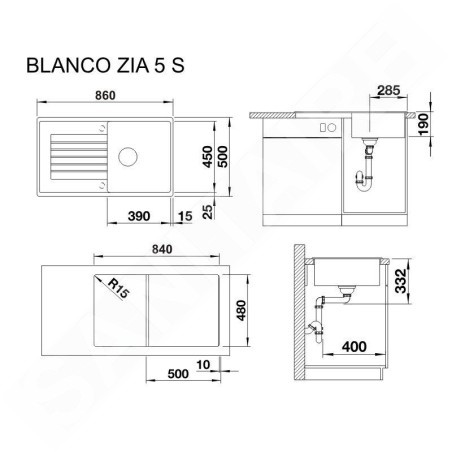 Blanco Zia 5 - Évier en silgranit, 860x500 mm, avec commande de vidage, anthracite 520502