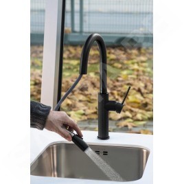 Sapho Robinetterie - Mitigeur d'évier avec douchette extractible, noir mat FR576B