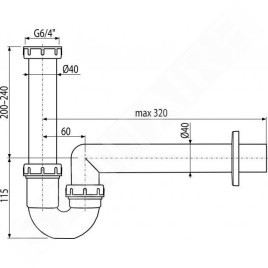 Alcadrain Siphons - Siphon tubulaire diamètre 40 mm avec écrou de trop-plein A80-DN40