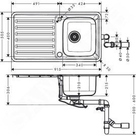 Hansgrohe Éviers - Évier encastré S4113-F340 avec égouttoir et garniture de vidage automatique, inox 43337800