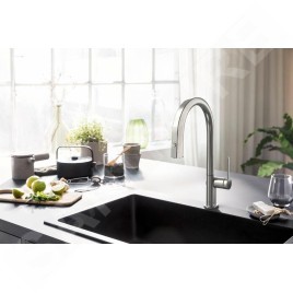Hansgrohe Aqittura M91 - Mitigeur d'évier avec bec extractible et filtration, sBox, simili inox 76826800