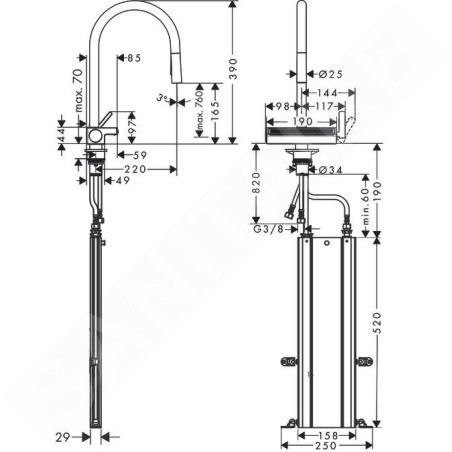 Hansgrohe M81 - Mitigeur d'évier Aquno Select avec douchette extractible et jet plat, sBox, simili inox 73831800