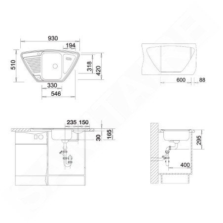 Blanco Tipo 9 - Évier, 930x510 mm, avec commande de vidage, inox 526338