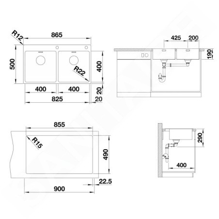 Blanco Andano 400 - Évier 865x500 mm avec commande excentrique PushControl, inox 525249