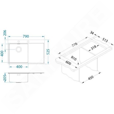 Alveus Pure Up - Évier 790x525 mm, avec commande du vidage, bac à droite, inox 1123790