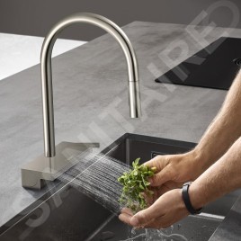 Hansgrohe M81 - Mitigeur d'évier Aquno Select avec bec extractible et jet plat, sBox, simili inox 73837800