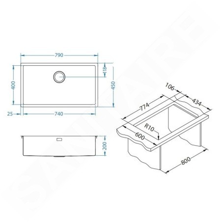 Alveus Quadrix - Évier 790x450 mm, inox 1092477