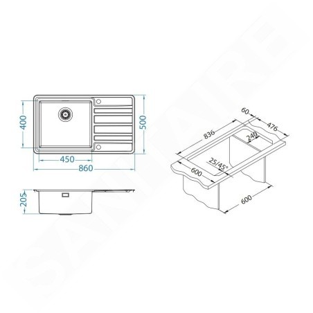 Alveus Rando - Évier 860x500 mm, avec commande du vidage, bac à gauche, inox 1131207