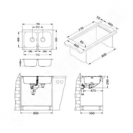 Alveus Line Maxim - Évier 795x505 mm, avec commande du vidage, inox 1092002
