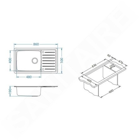 Alveus Galeo - Évier 860x500 mm, avec commande du vidage, inox 1128554
