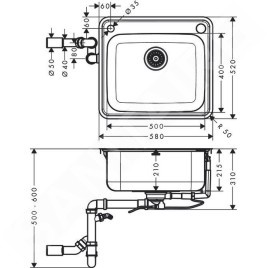 Hansgrohe Éviers - Évier encastré S412-F500 avec garniture de vidage automatique, inox 43336800