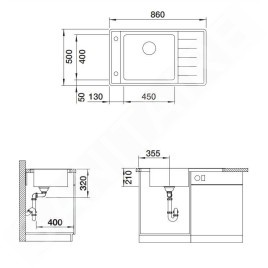 Blanco Andano - Sink 860x500 mm avec commande excentrique et un bol inox 523002