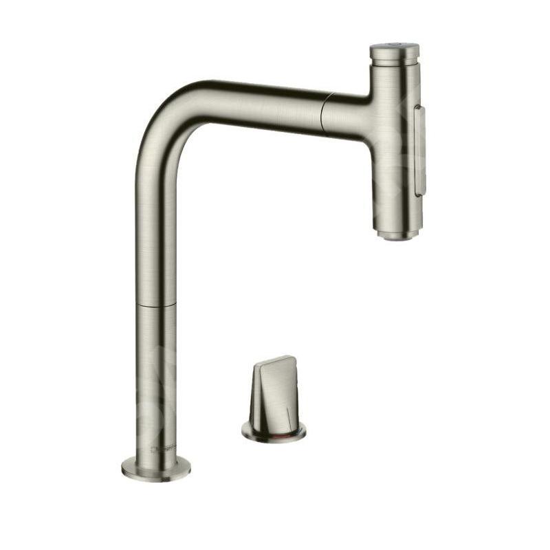 Hansgrohe M71 - Mitigeur d'évier Metris Select avec douchette extractible, installation 2 trous, simili inox 73819800