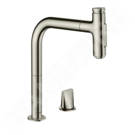 Hansgrohe M71 - Mitigeur d'évier Metris Select avec douchette extractible, installation 2 trous, simili inox 73819800