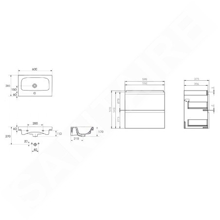 Cersanit Moduo - Meuble avec lavabo, 57x60x38 cm, 2 tiroirs, blanc S801-227-DSM