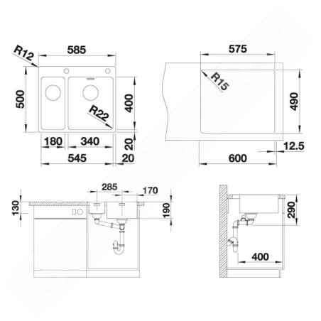 Blanco Andano 340/180 - Évier 585x500 mm avec commande excentrique PushControl, inox 525247