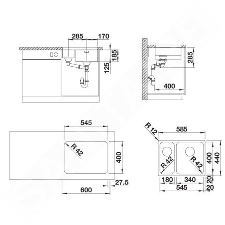 Blanco Solis 340/180 - Évier, 585x440 mm, inox brossé 526128
