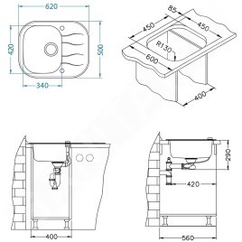 Alveus Wave - Évier 620x500 mm,avec commande de vidage, verre blanc / inox 1102727
