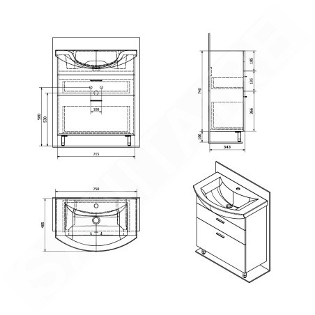 Aqualine Zoja - Meuble lavabo 715x740x343 mm, 2x tiroir, blanc 51071A