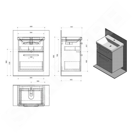 Sapho Theia - Meuble lavabo 564x700x435 mm, 2 tiroirs, chêne argenté TH060-1111