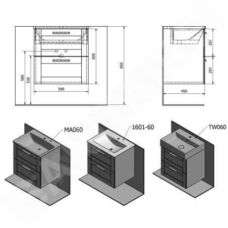 Sapho Amia - Meuble lavabo 590x600x450 mm, 2 tiroirs, chêne Collingwood AM060-1919