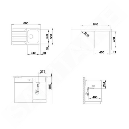 Blanco Dinas 45 - Évier, 860x500 mm, avec commande de vidage, inox brossé 523378