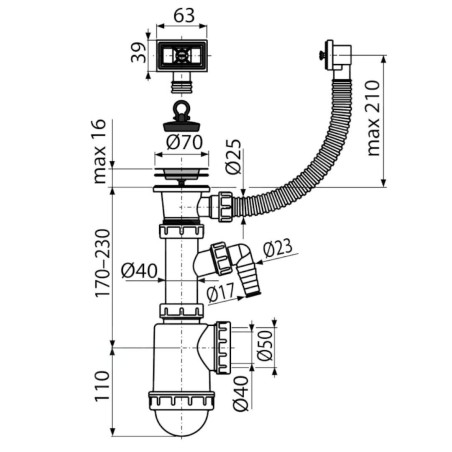 Alcadrain Siphons - Siphon d'évier, avec raccordement, avec trop-plein flexi, plastique A444P-DN50/40