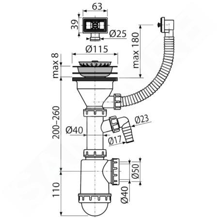 Alcadrain Siphons - Siphon d'évier, avec raccordement, avec trop-plein flexi, plastique A447P-DN50/40