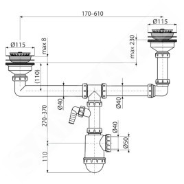 Alcadrain Siphons - Siphon pour deux éviers, diamètre 115 mm, à deux niveaux, avec raccord, en plastique A454P