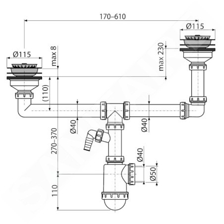 Alcadrain Siphons - Siphon pour deux éviers, diamètre 115 mm, à deux niveaux, avec raccord, en plastique A454P