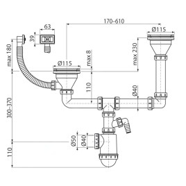 Alcadrain Siphons - Siphon pour deux éviers, diamètre 115 mm, à deux niveaux, avec raccord, en plastique A456P