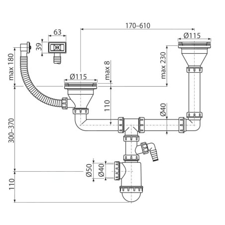 Alcadrain Siphons - Siphon pour deux éviers, diamètre 115 mm, à deux niveaux, avec raccord, en plastique A456P