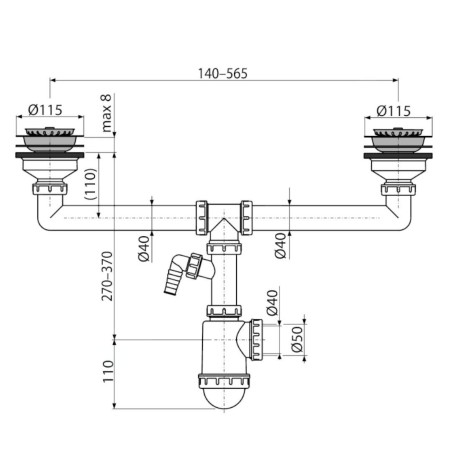 Alcadrain Siphons - Siphon pour double évier, diamètre 115 mm, avec raccord, plastique A453P