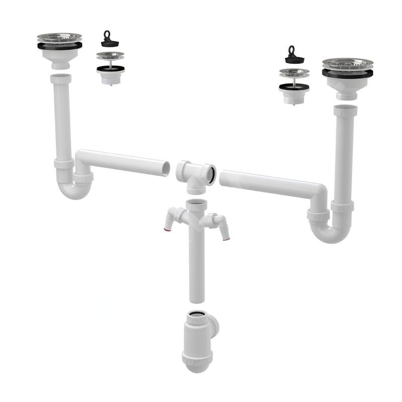 Alcadrain Siphons - Siphon pour deux éviers, universel, avec 2 raccords, plastique A8000